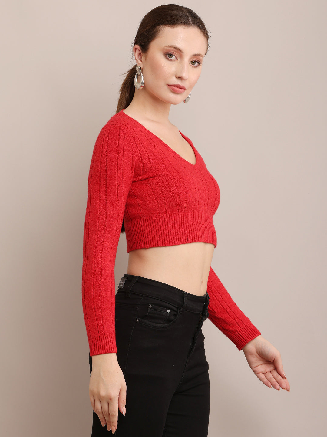 Women Cotton Ribbed Fitted Red Crop Top