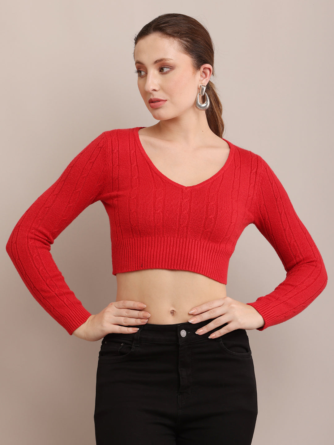 Women Cotton Ribbed Fitted Red Crop Top