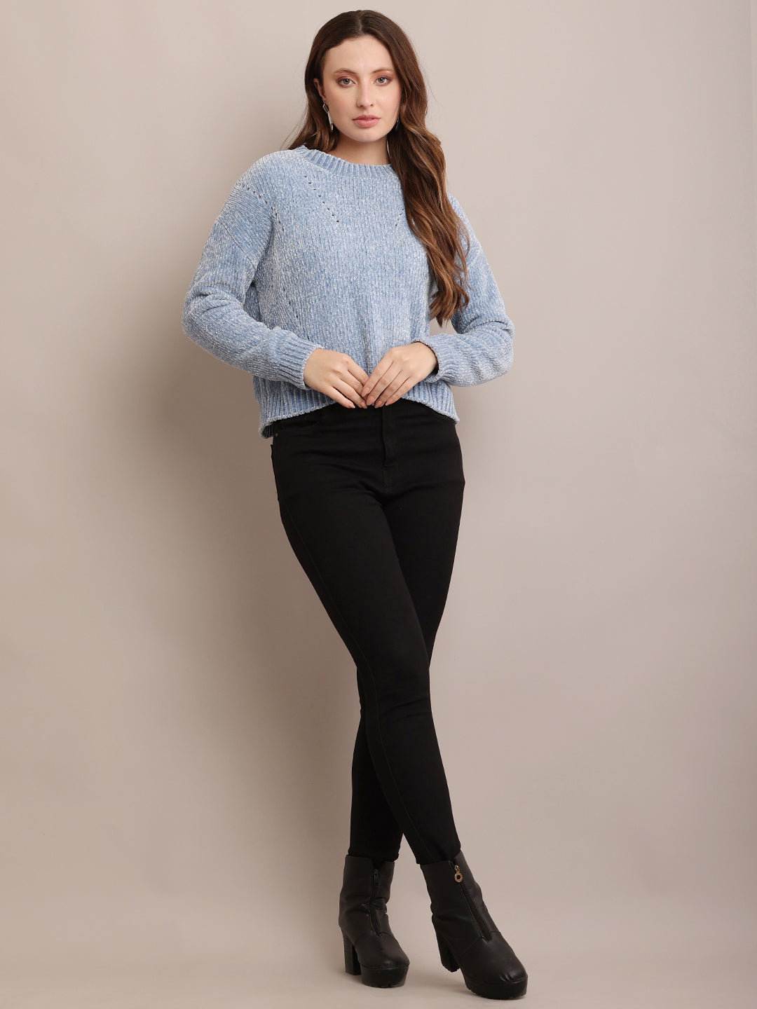 Women Polyester Round Neck Blue Sweater