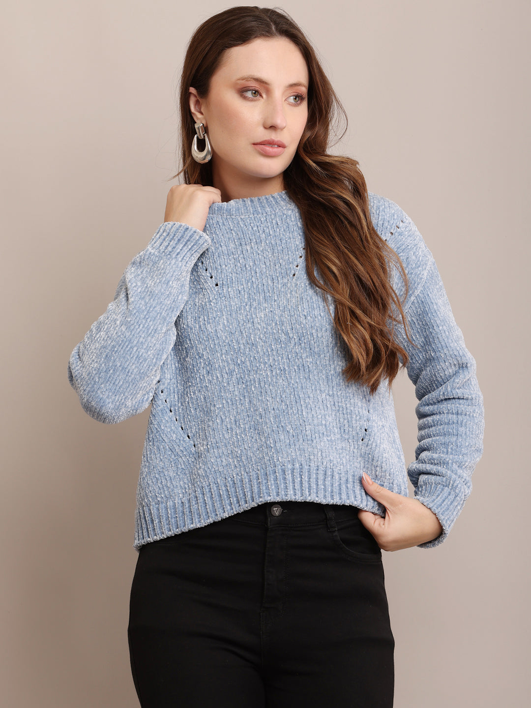 Women Polyester Round Neck Blue Sweater