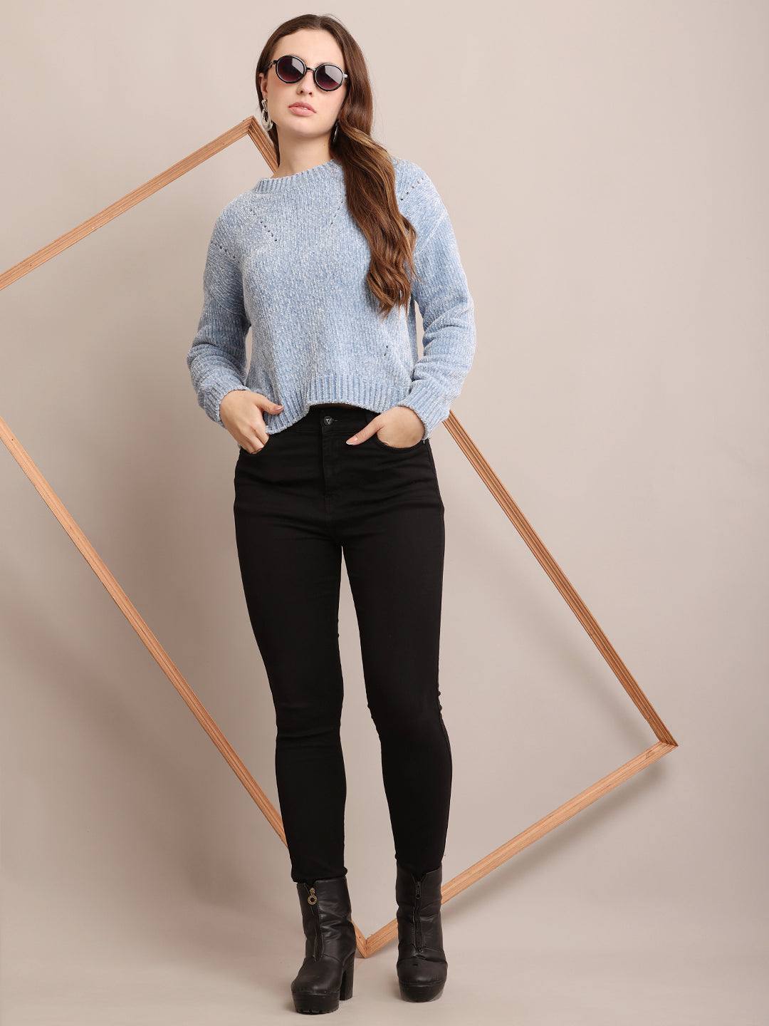 Women Polyester Round Neck Blue Sweater