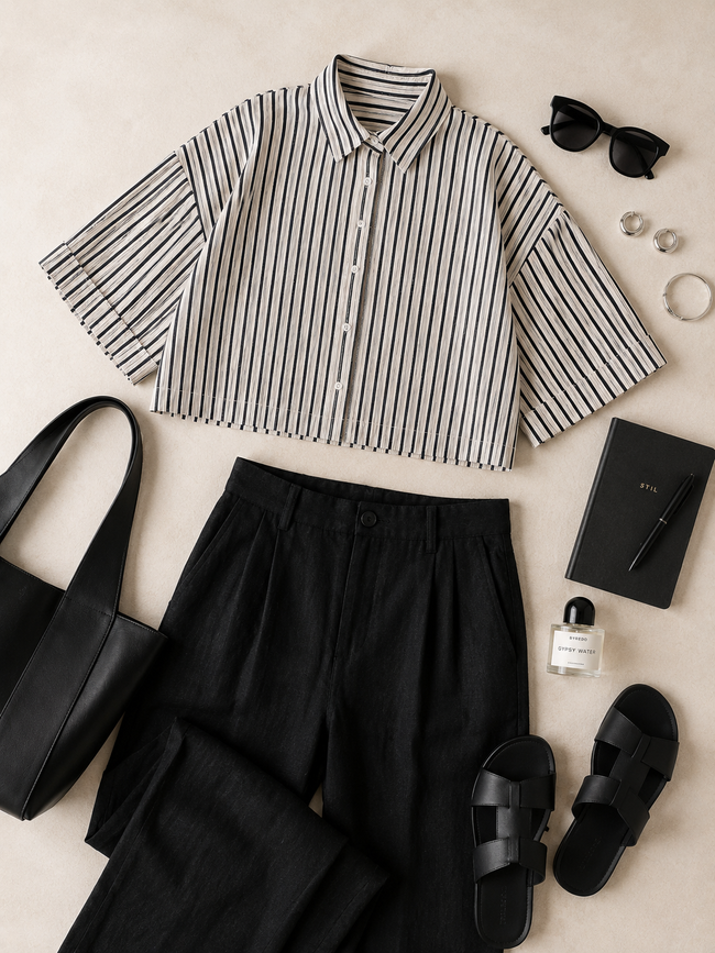 Women Monochrome Stripe Oversized Shirt