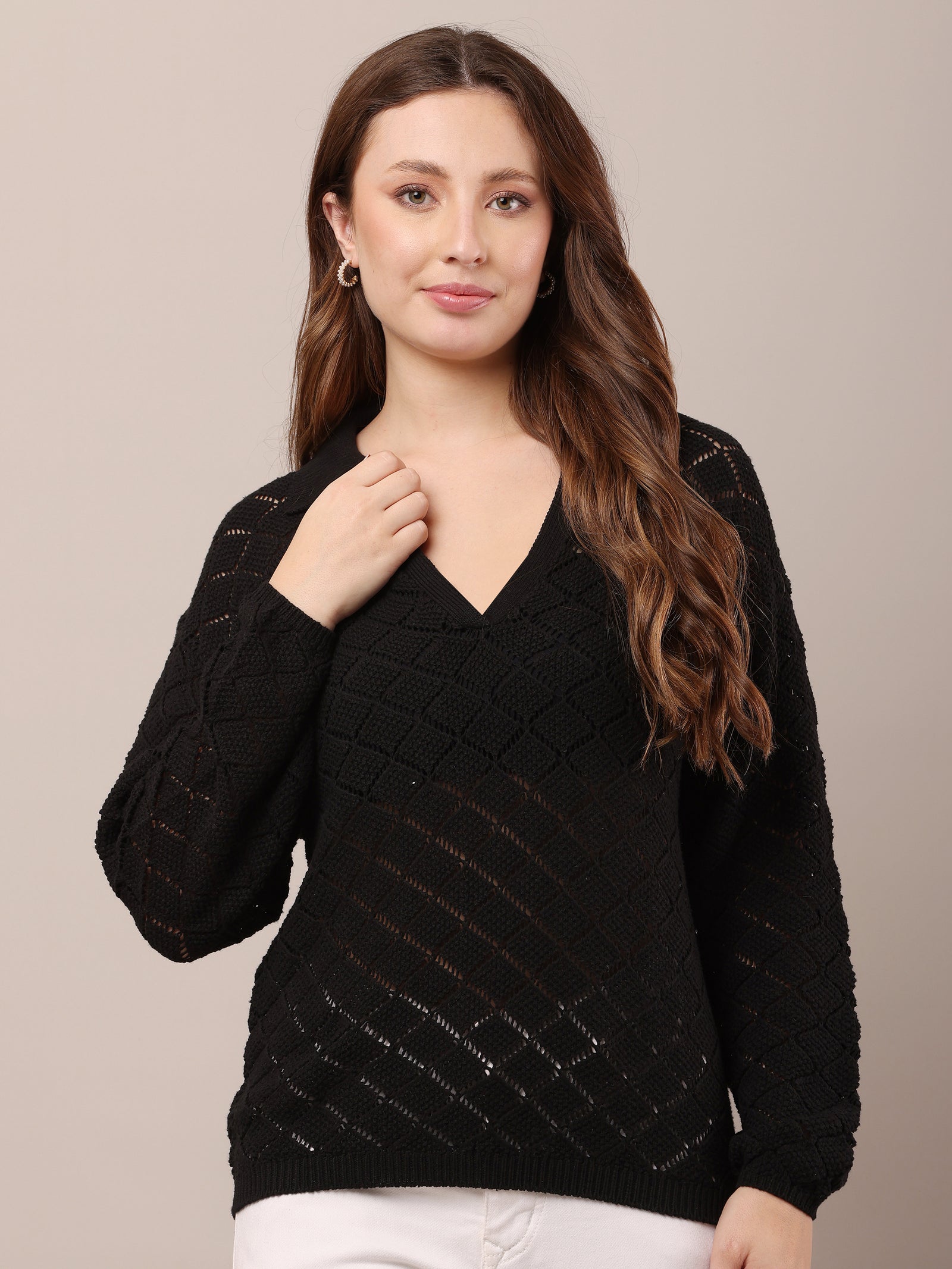 Women Cotton V-Neck Crochet Black Sweater