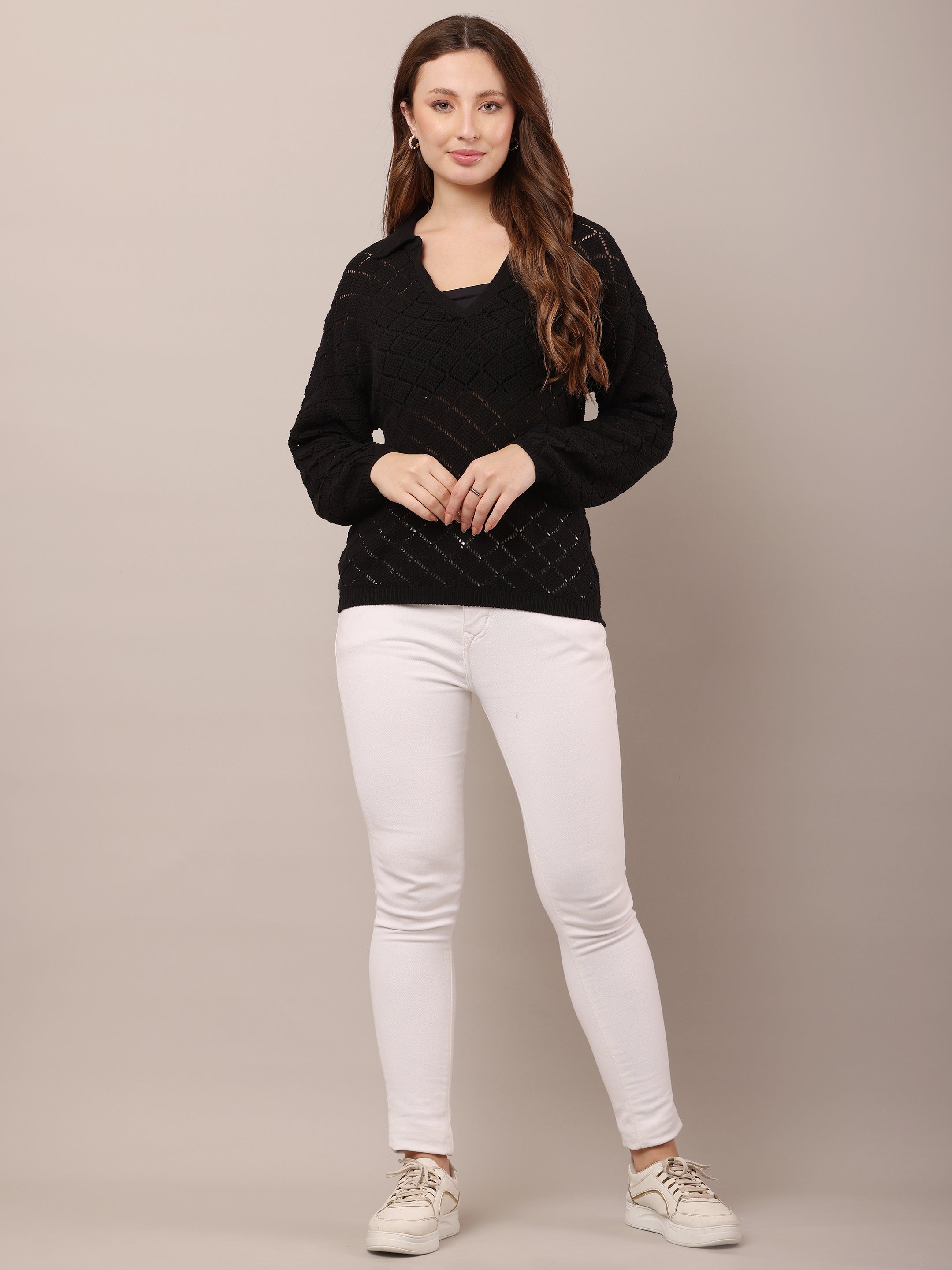 Women Cotton V-Neck Crochet Black Sweater