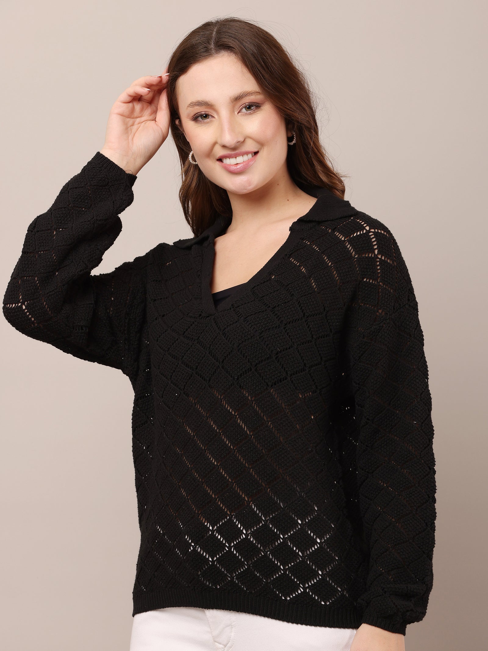 Women Cotton V-Neck Crochet Black Sweater