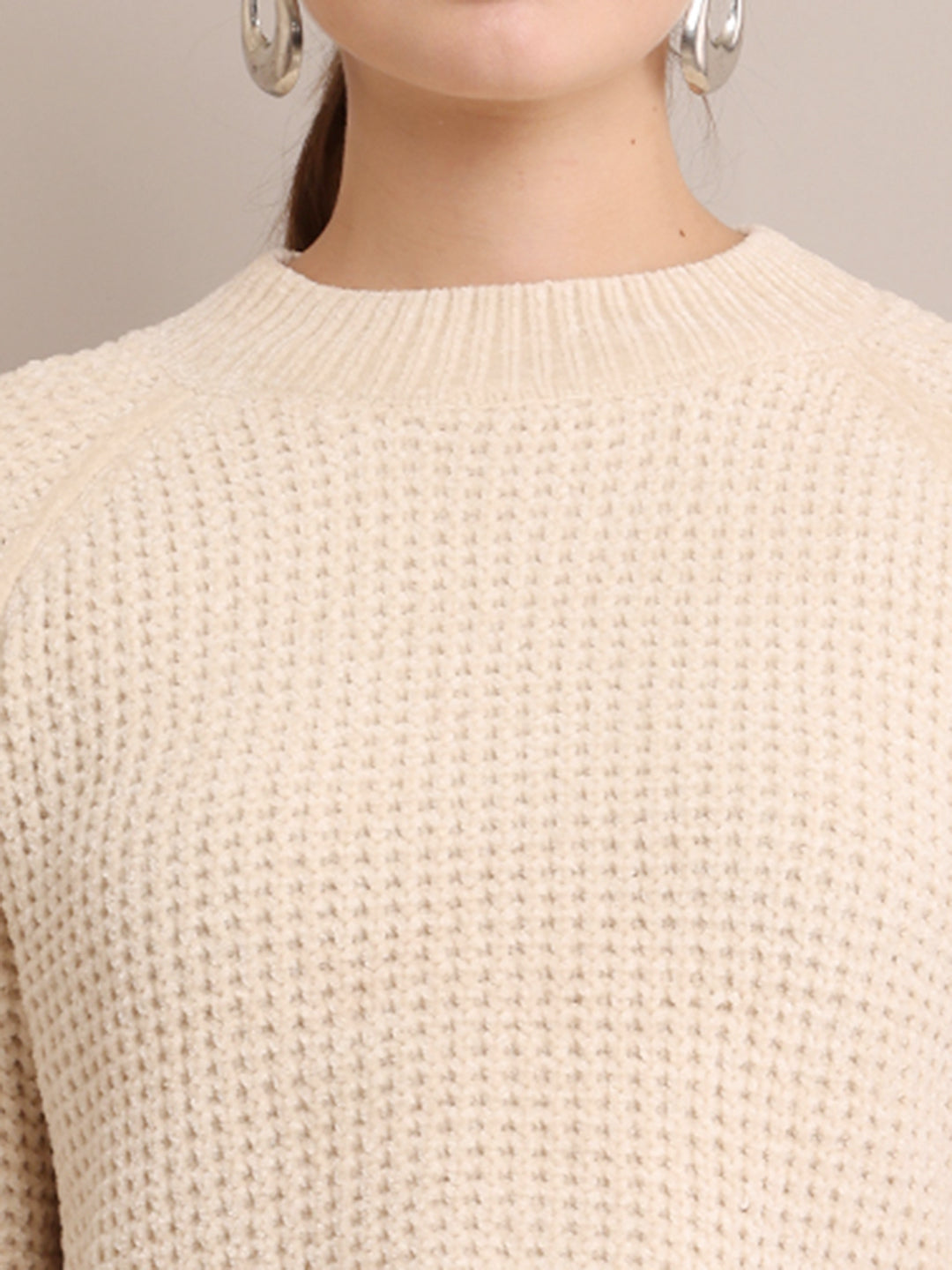 Women Polyester Cropped Cream sweater