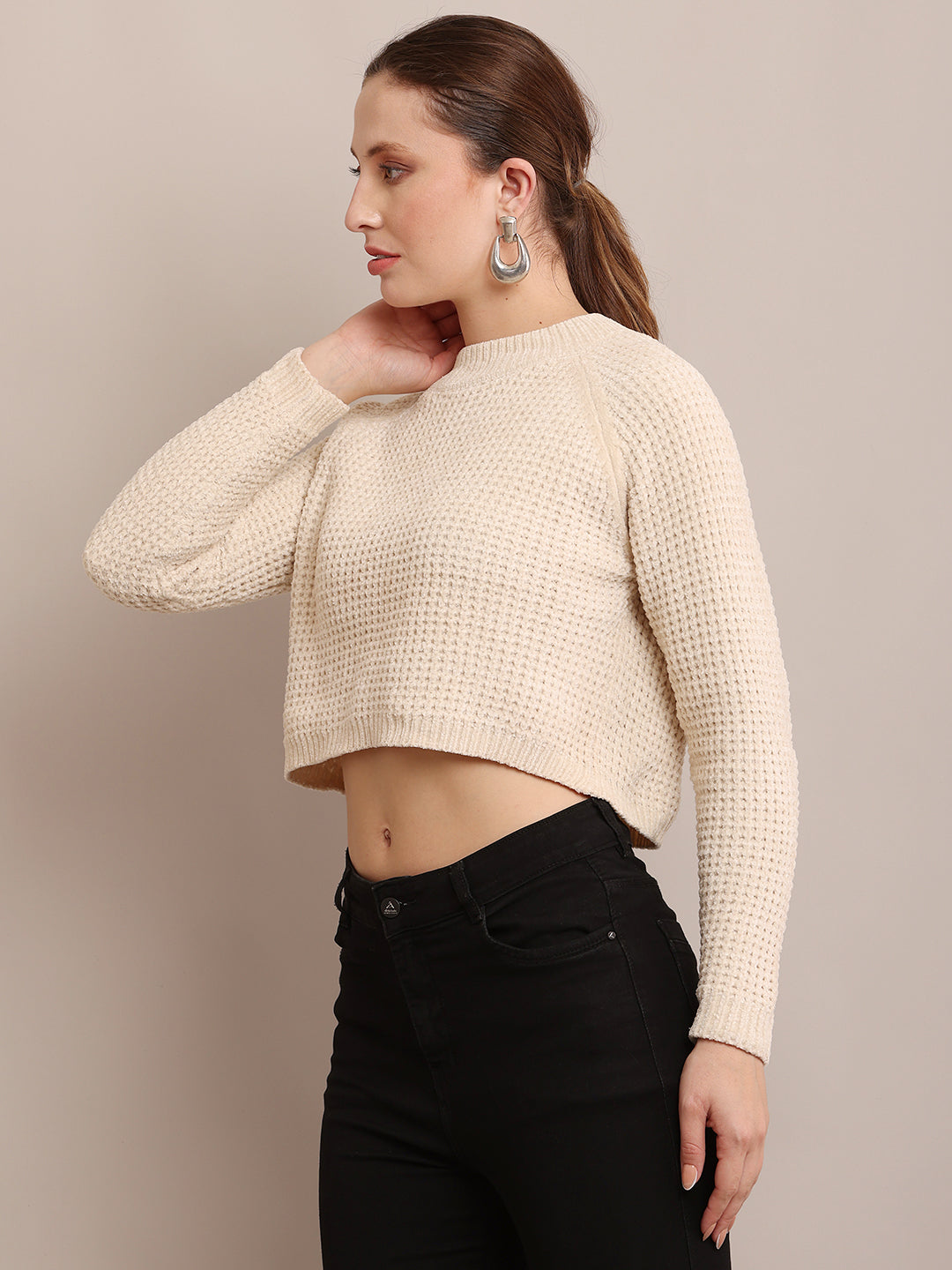 Women Polyester Cropped Cream sweater