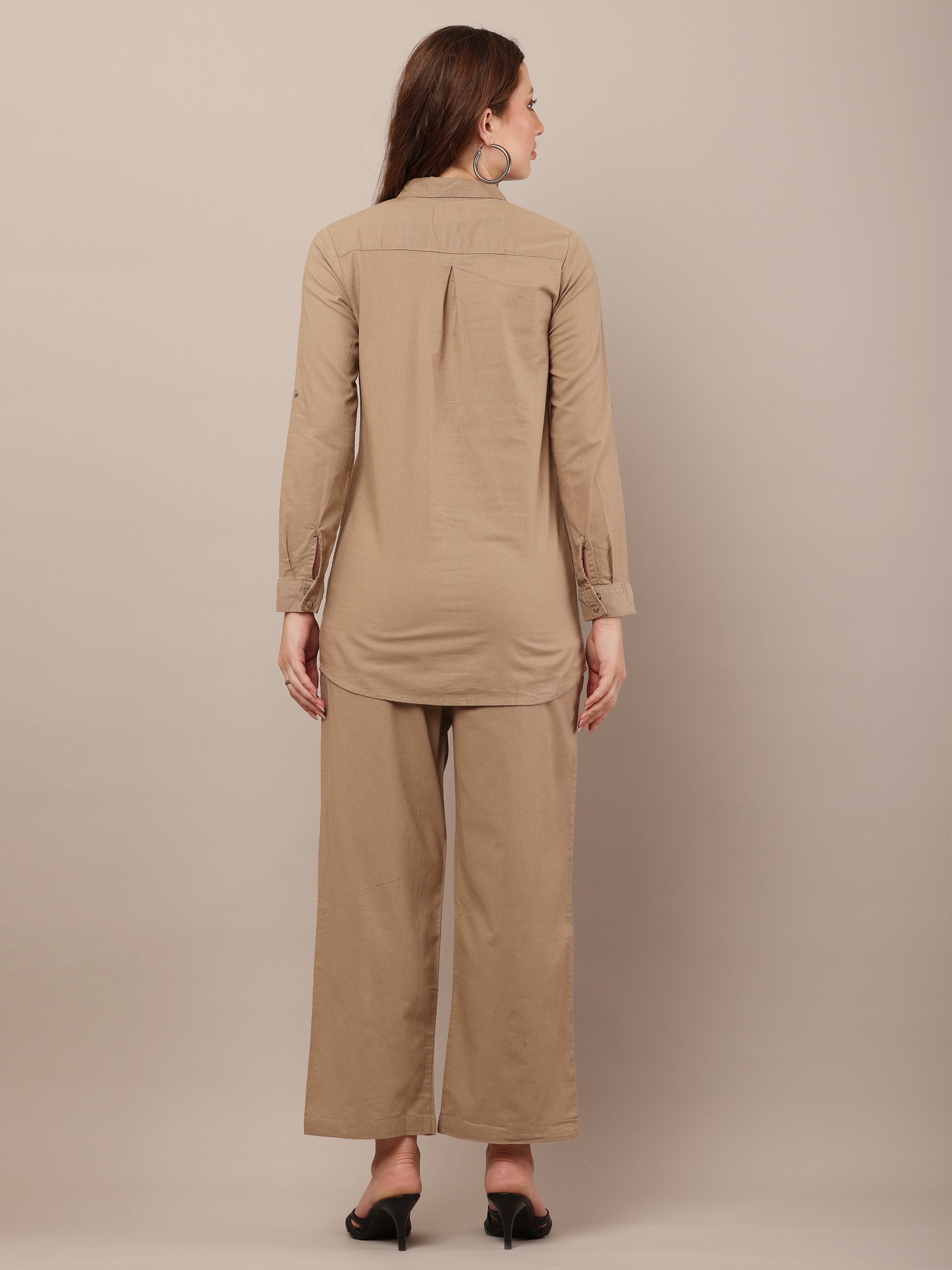 Women Shirt With Trouser Khaki Co-Ord Set