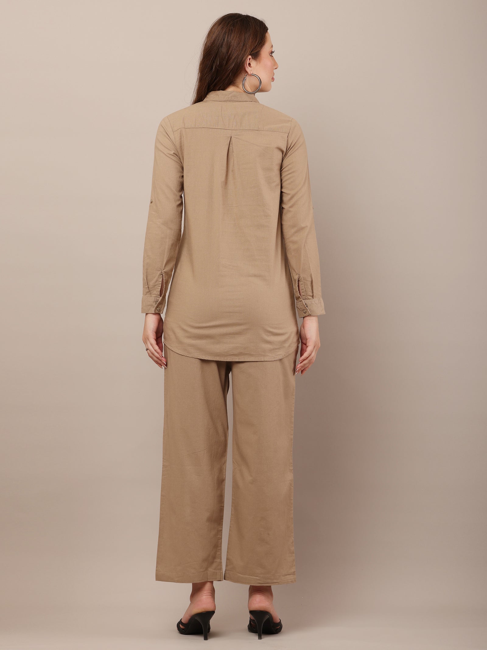 Women Shirt With Trouser Khaki Co-Ord Set