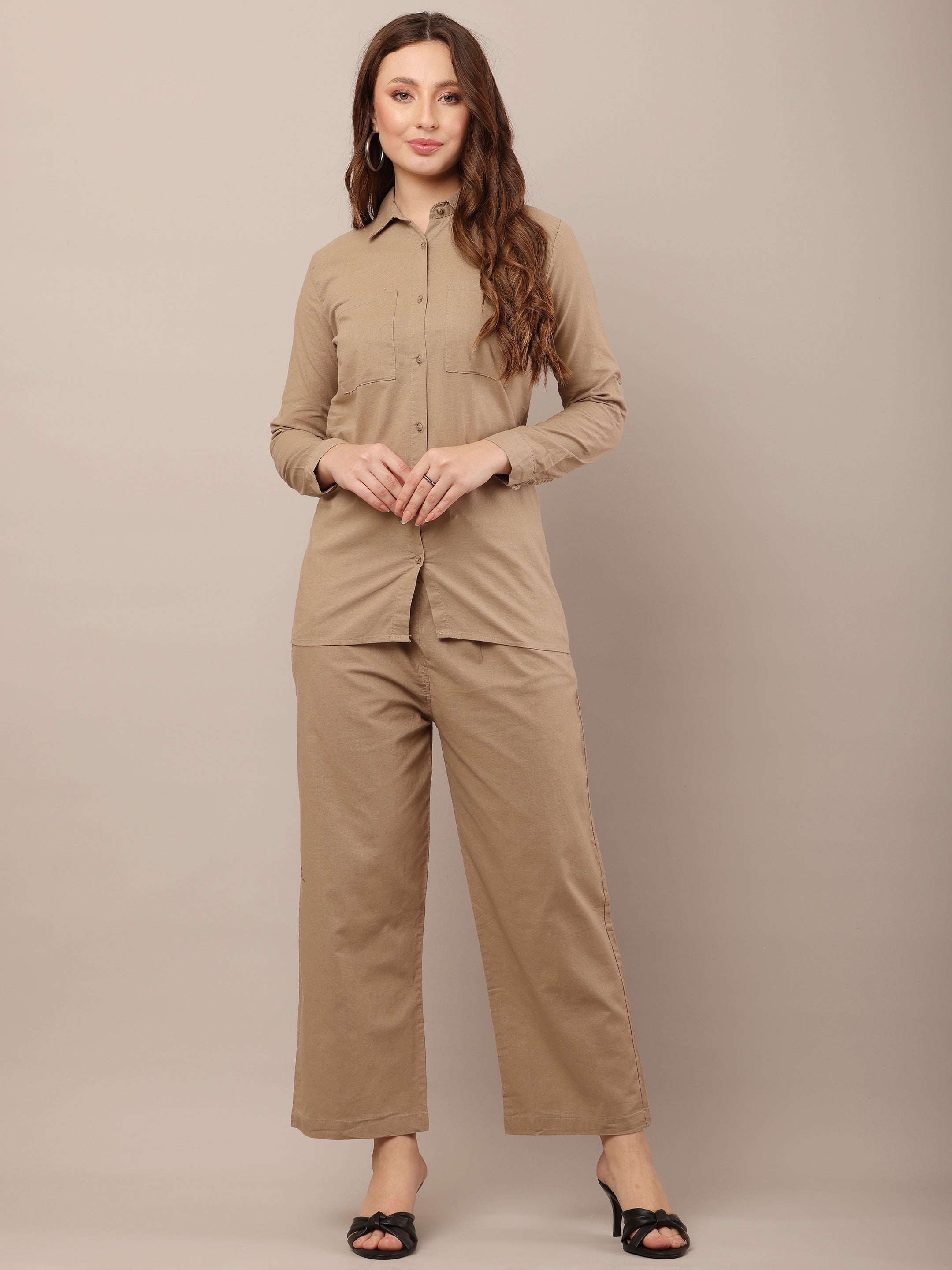 Women Shirt With Trouser Khaki Co-Ord Set