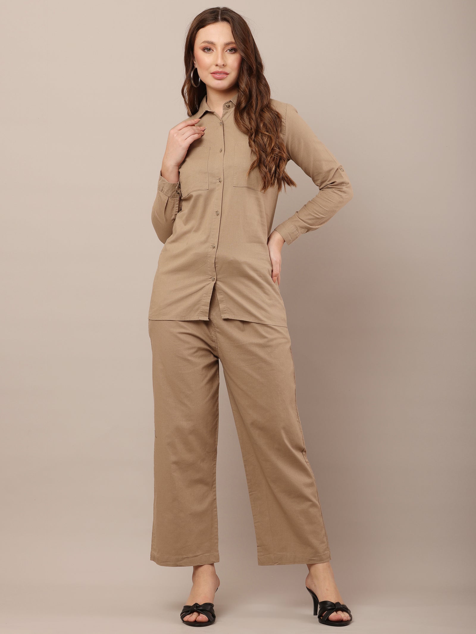 Women Shirt With Trouser Khaki Co-Ord Set