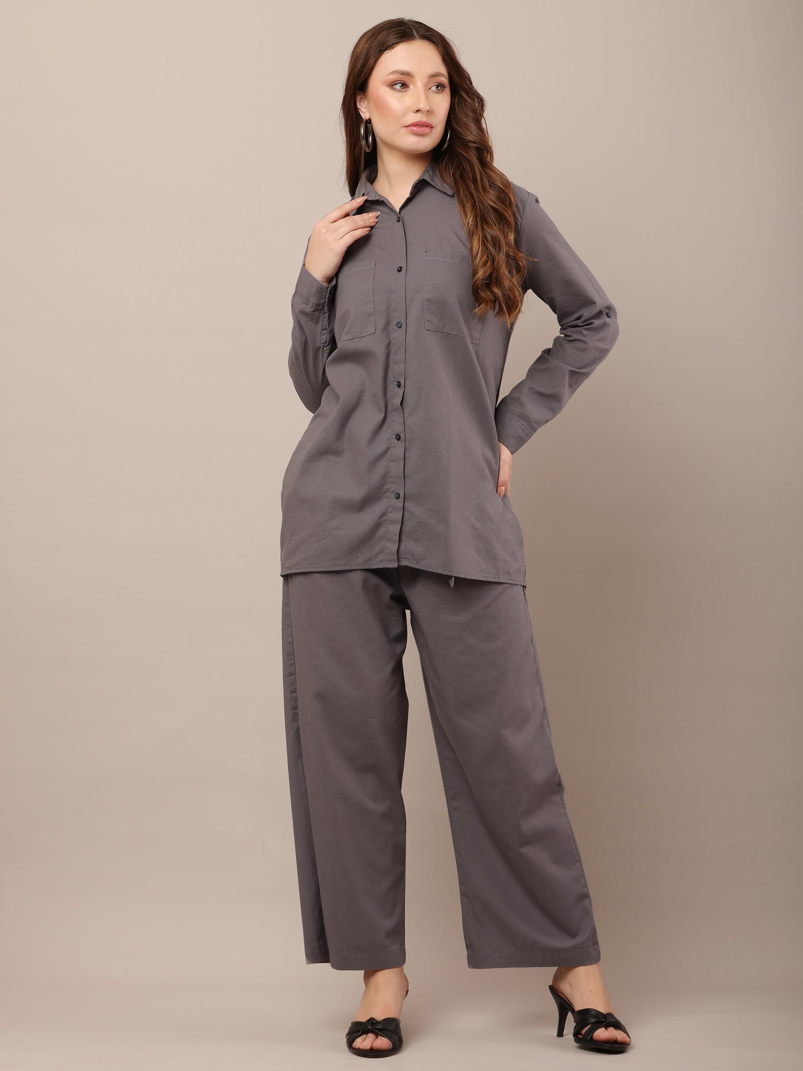 Women Shirt With Trouser Grey Co-Ord Set