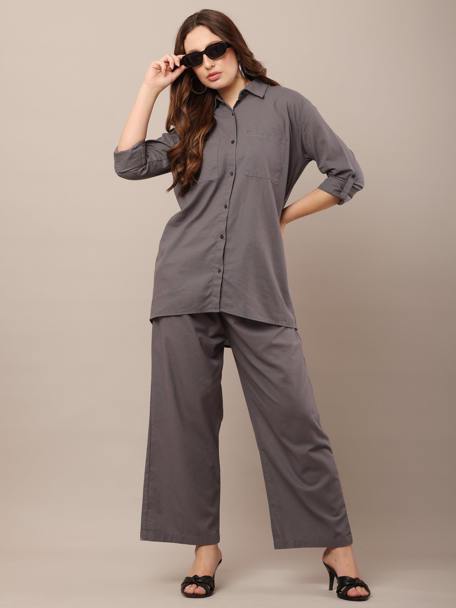 Women Shirt With Trouser Grey Co-Ord Set