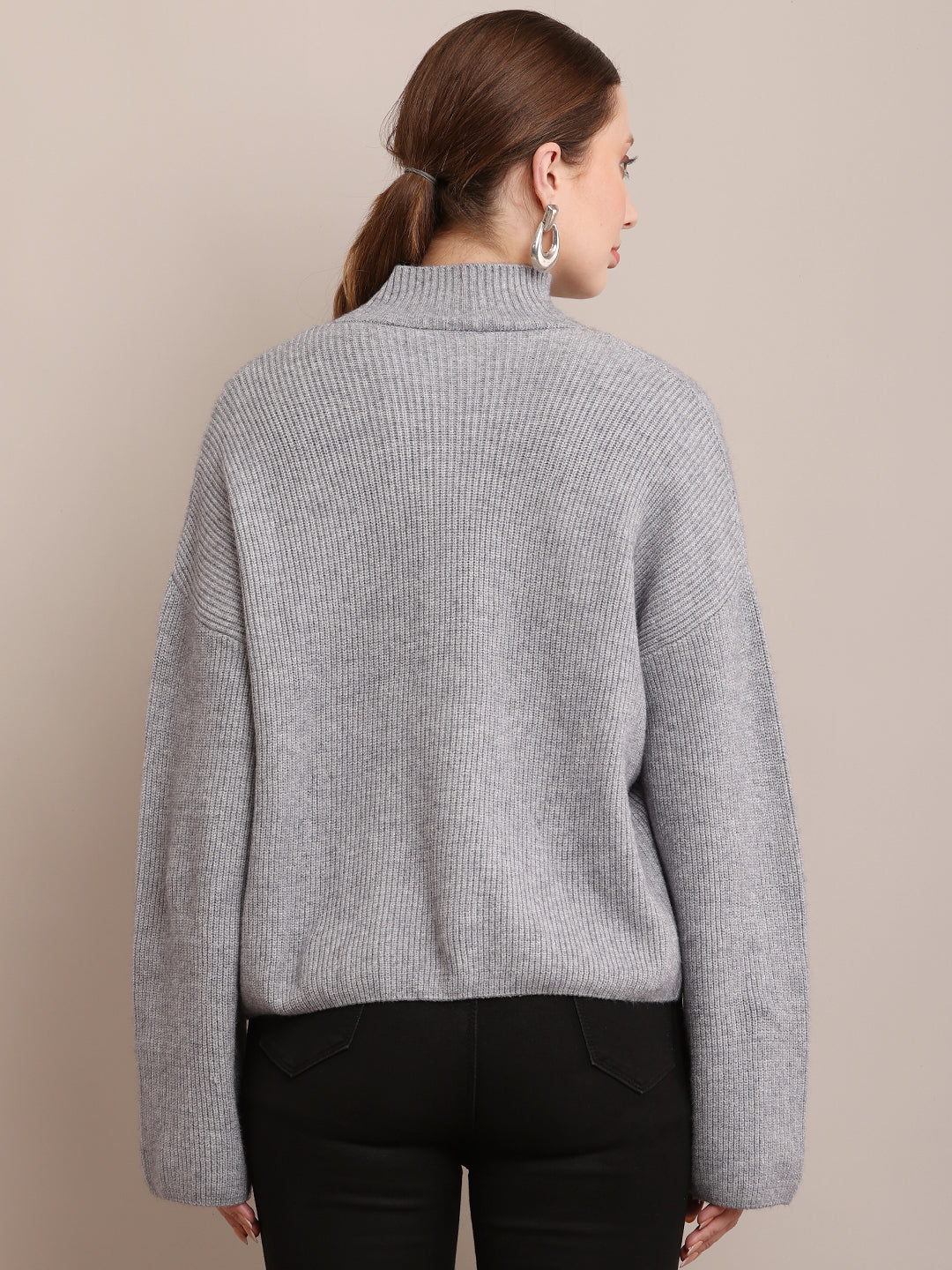 Women Viscose Full Sleeve Ribbed Grey Sweater