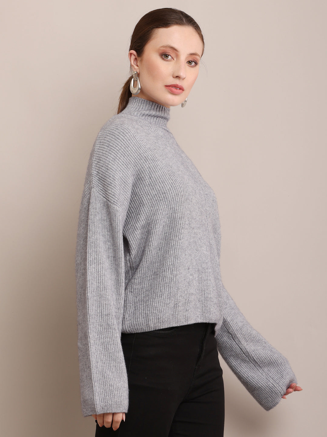 Women Viscose Full Sleeve Ribbed Grey Sweater