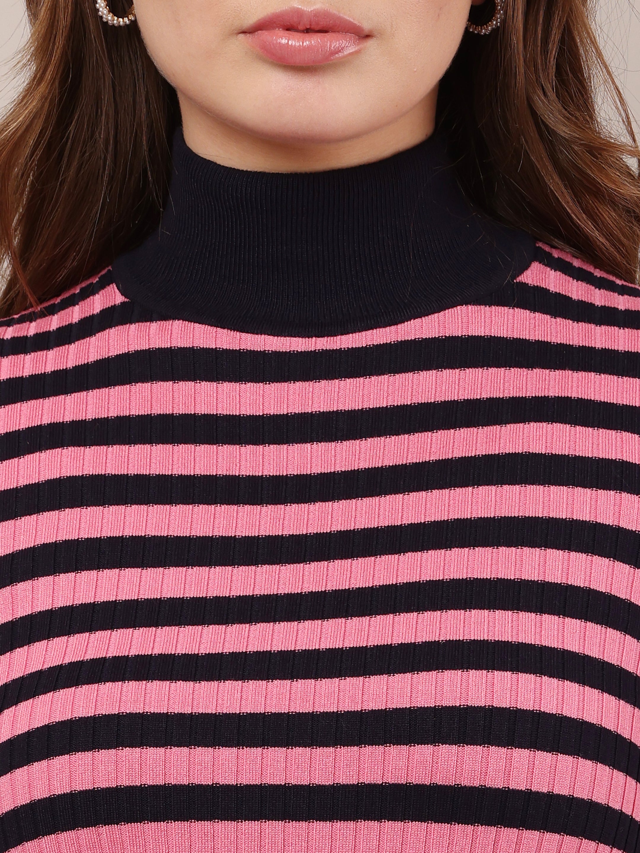 Women Viscose Striped Pink Sweater