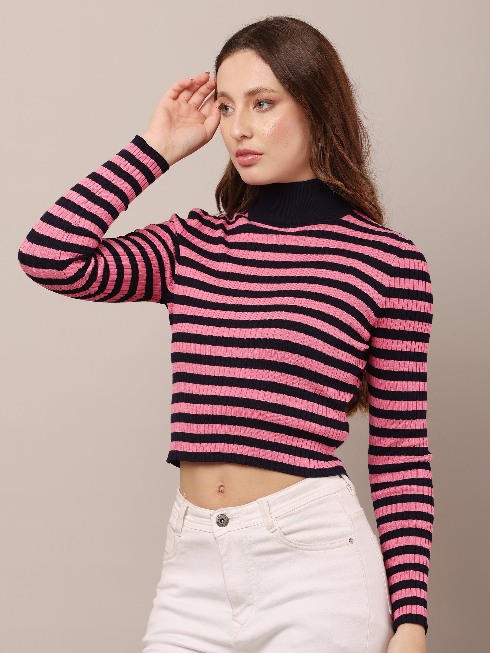 Women Viscose Striped Pink Sweater