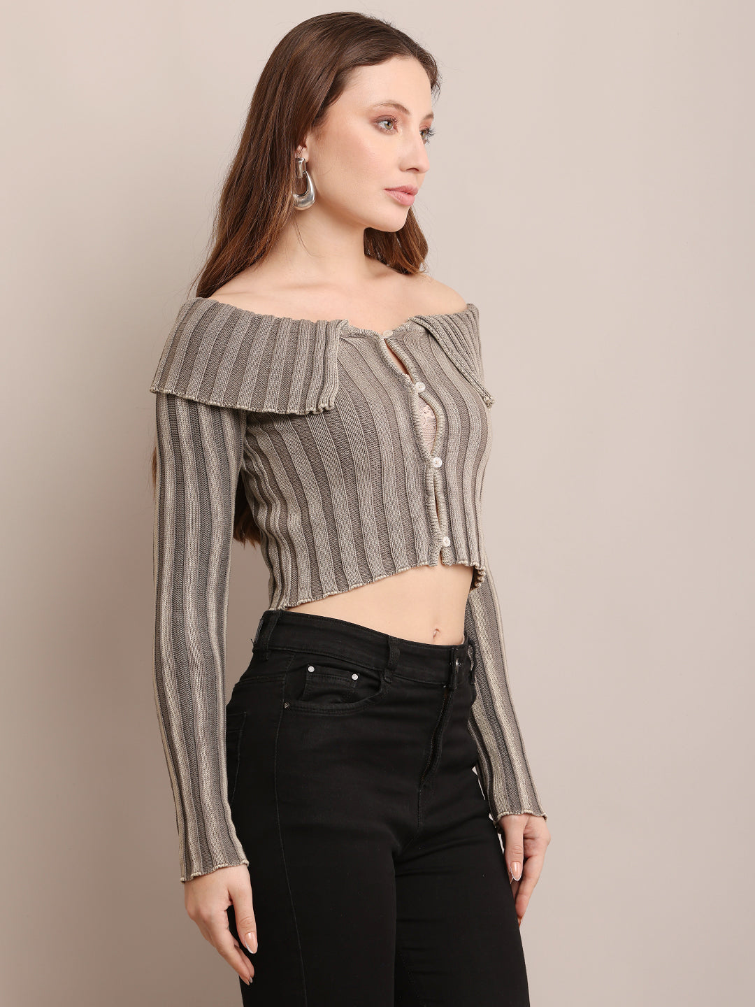 Women Cotton Off-Shoulder Smoke Grey  Crop Top