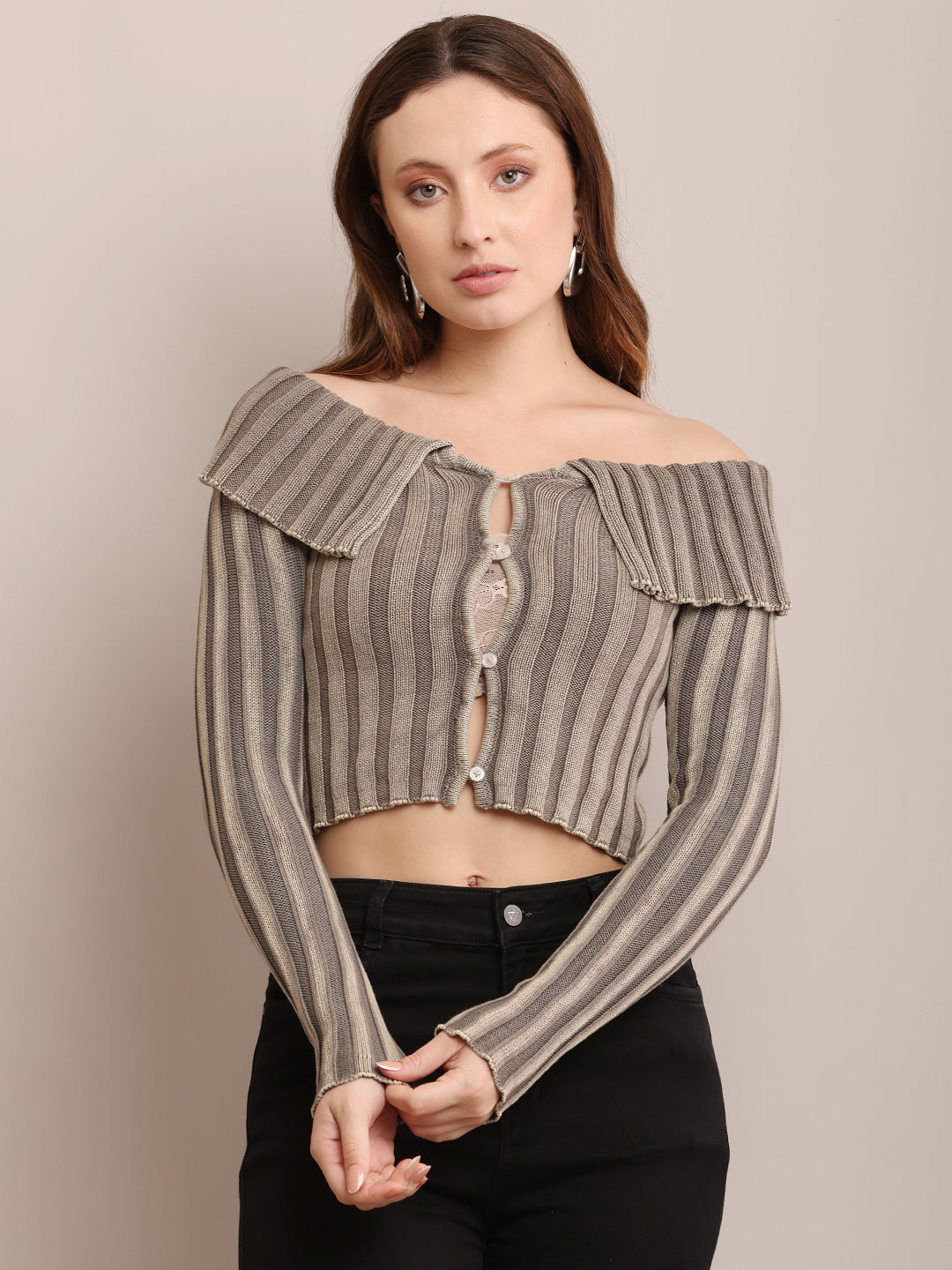 Women Cotton Off-Shoulder Smoke Grey  Crop Top