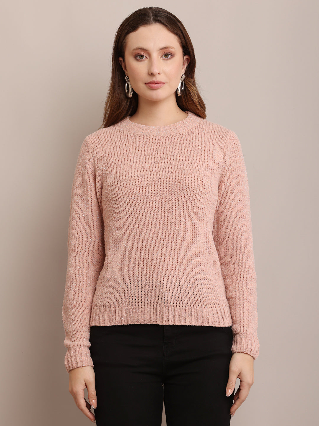 Women Nylon Full Sleeves Peach sweater