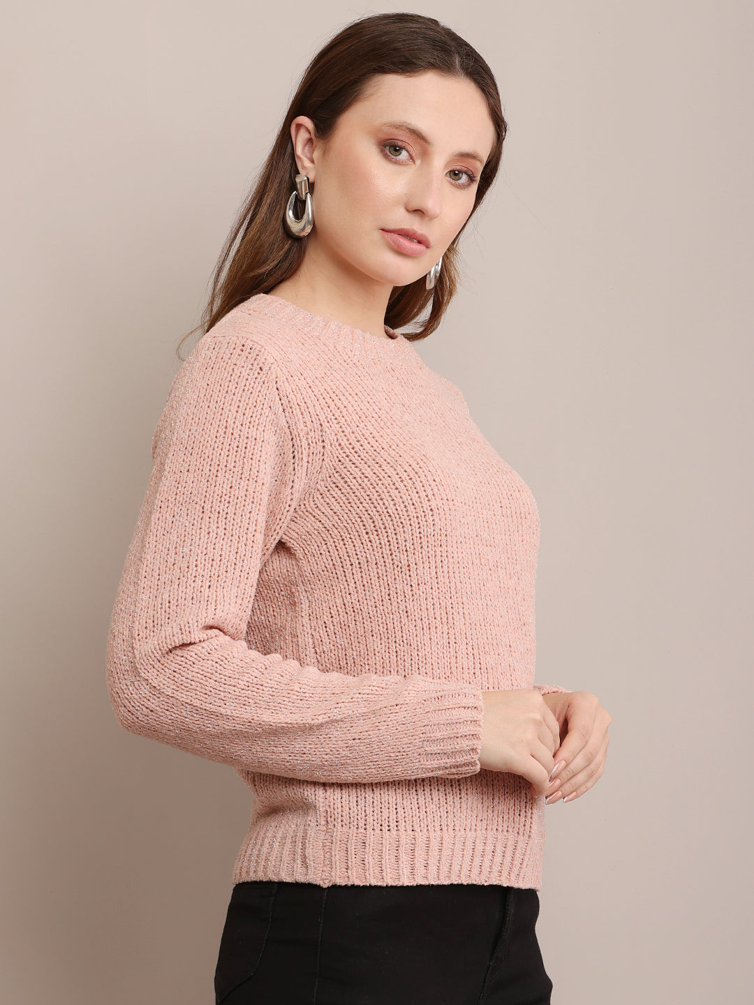 Women Nylon Full Sleeves Peach sweater