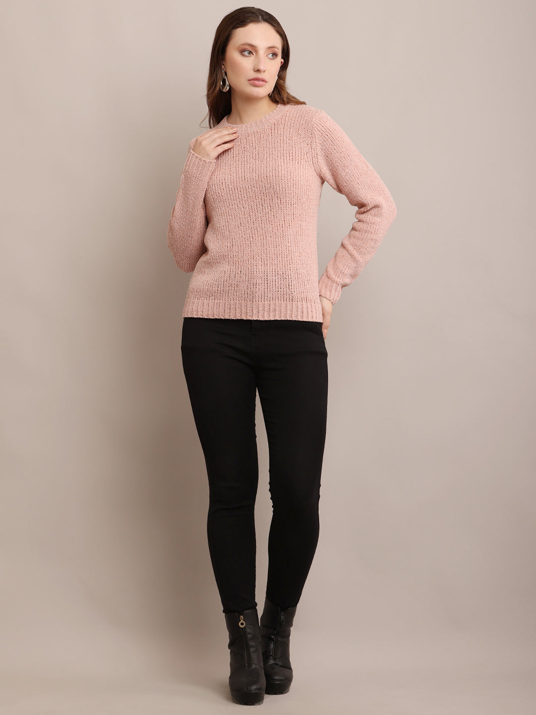 Women Nylon Full Sleeves Peach sweater