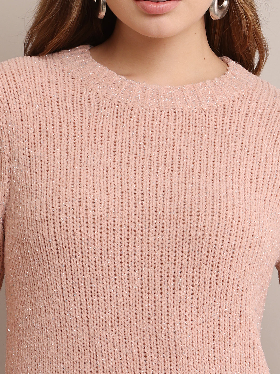 Women Nylon Full Sleeves Peach sweater