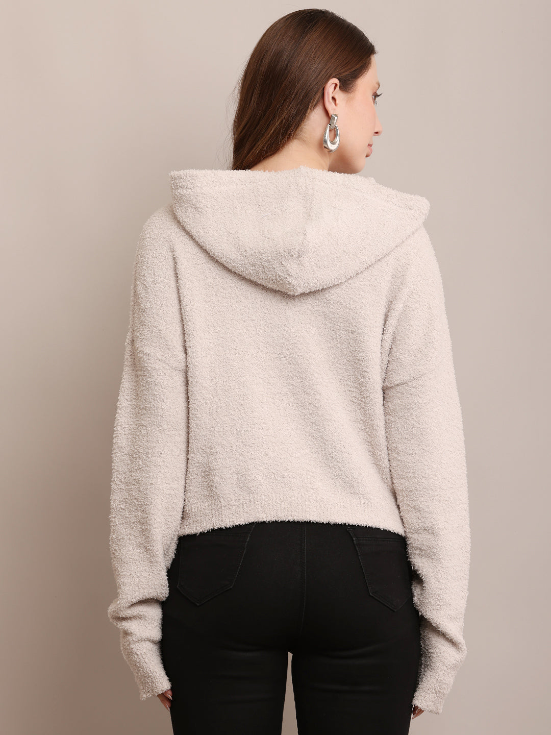 Women Polyester Hooded Furr Grey Sweatshirt