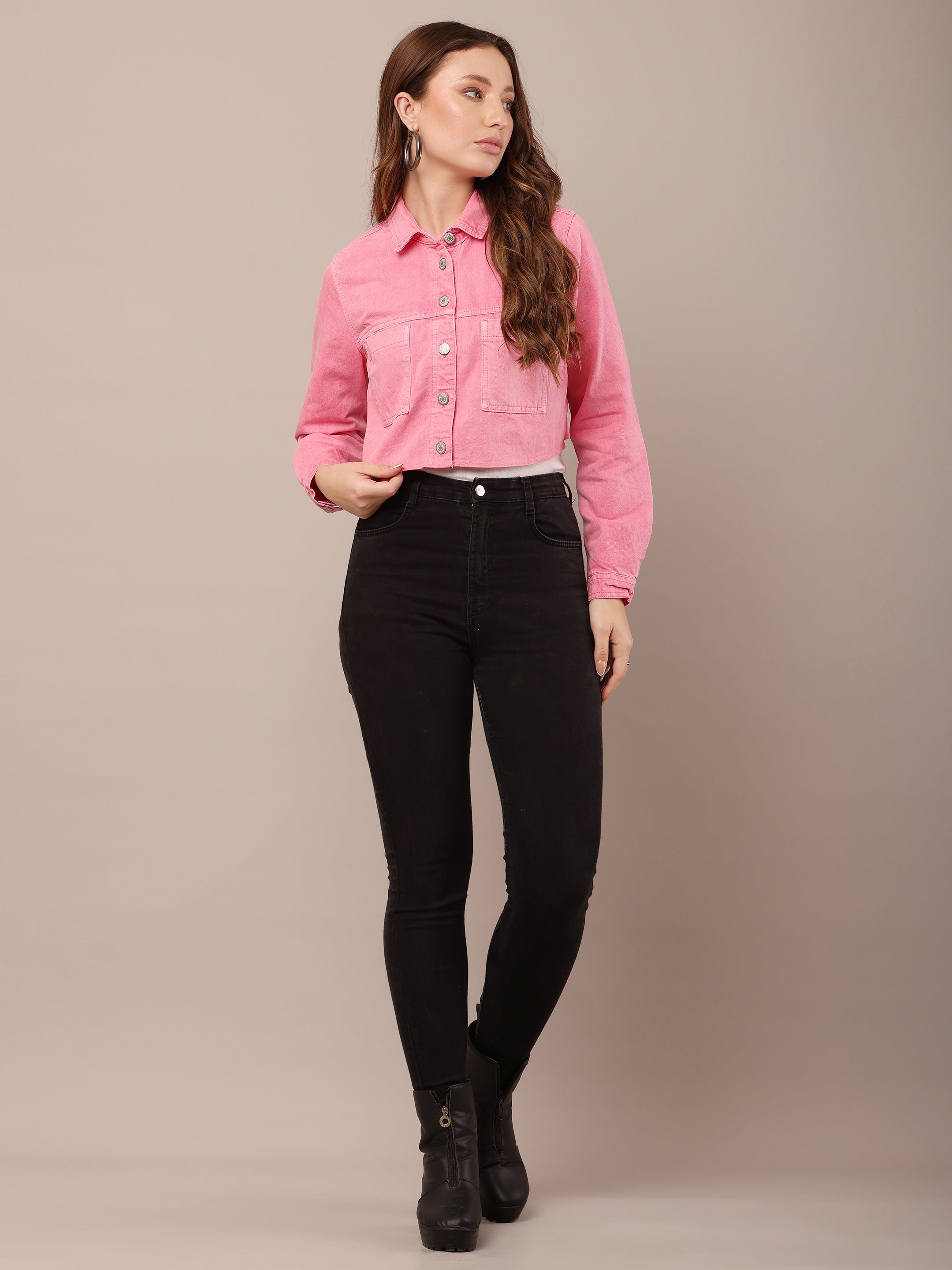 Women Cotton Shirt Collar Pink Jacket