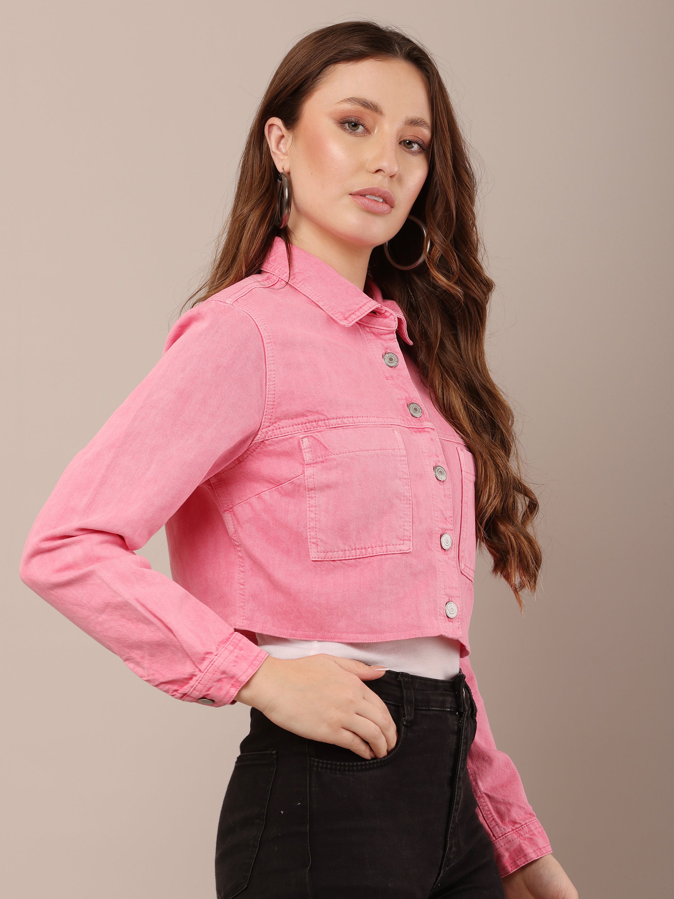 Women Cotton Shirt Collar Pink Jacket