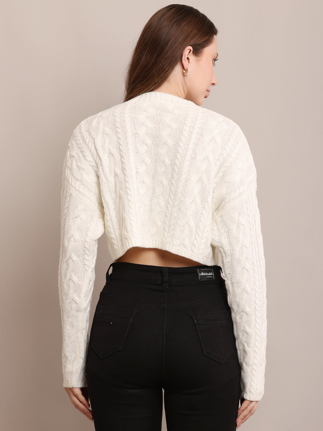 Women Acrylic Cropped Off-White Sweater