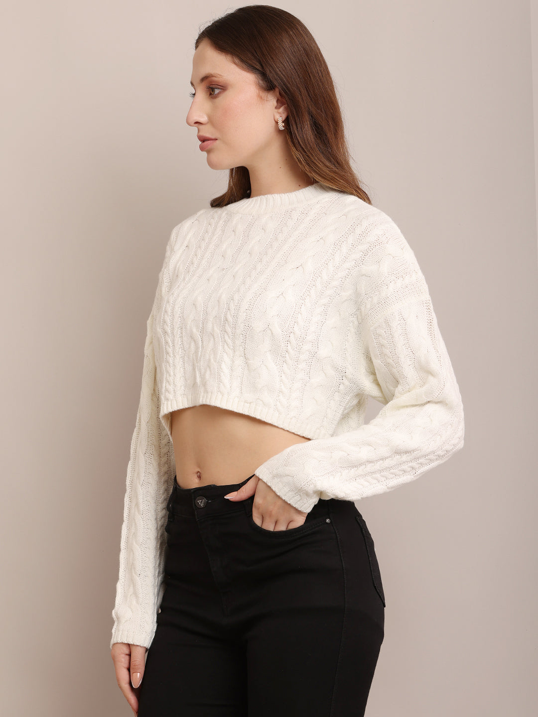 Women Acrylic Cropped Off-White Sweater