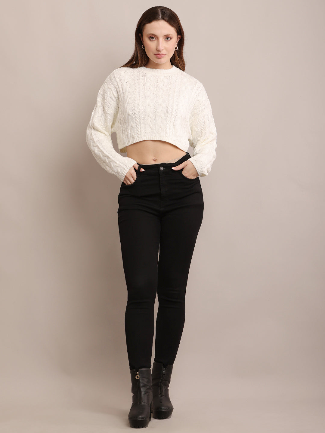 Women Acrylic Cropped Off-White Sweater