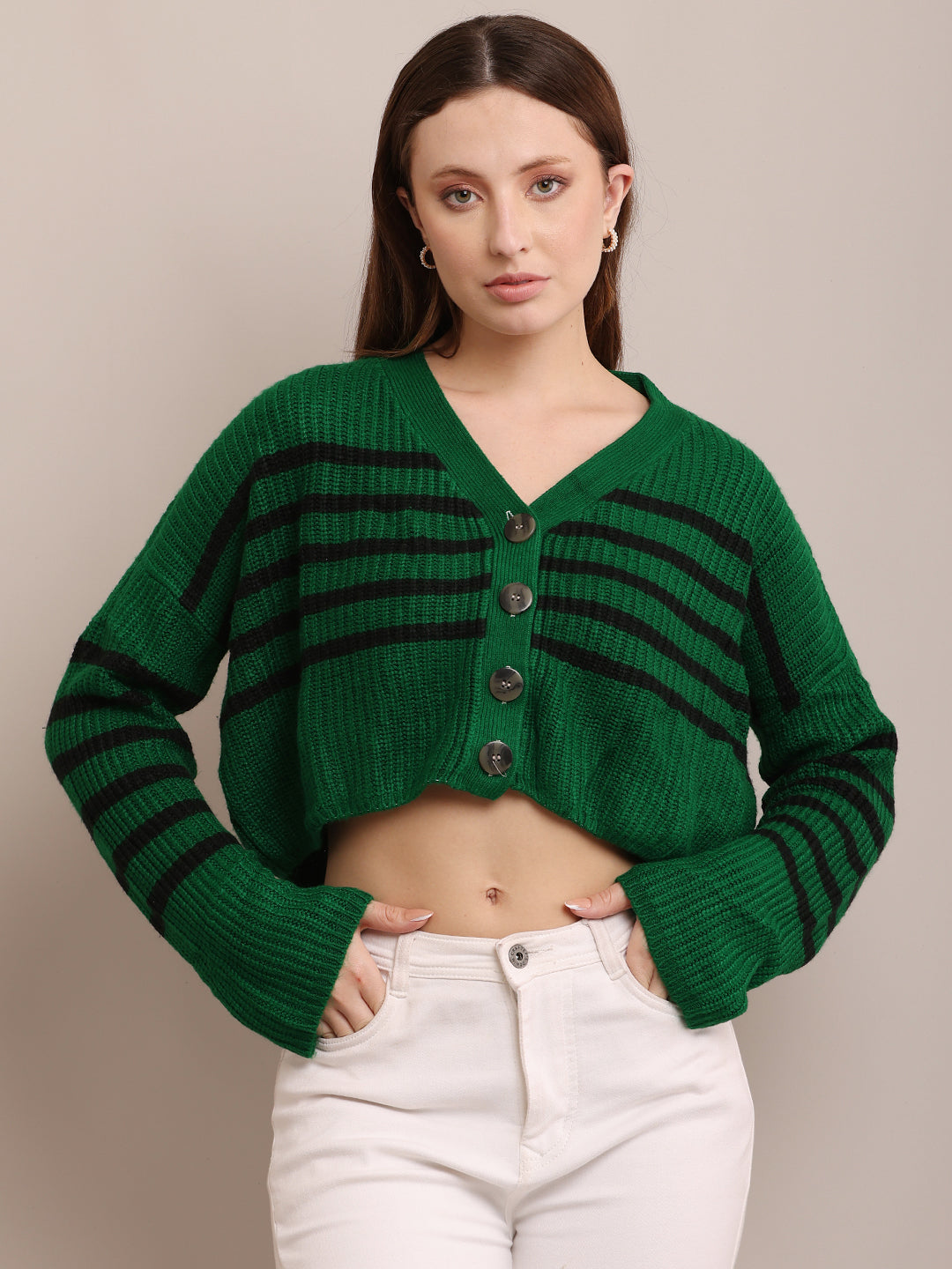 Women Acrylic Full Sleeve Green Cardigan