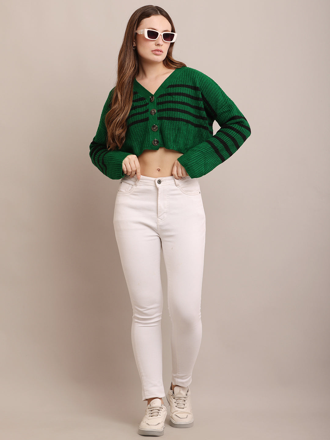 Women Acrylic Full Sleeve Green Cardigan