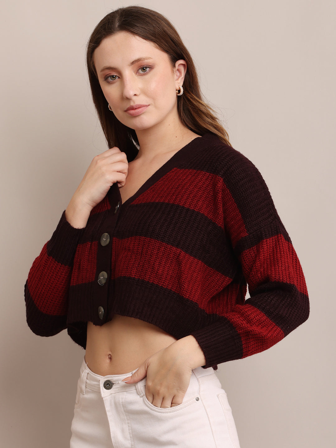 Women Acrylic Cropped Maroon Cardigan