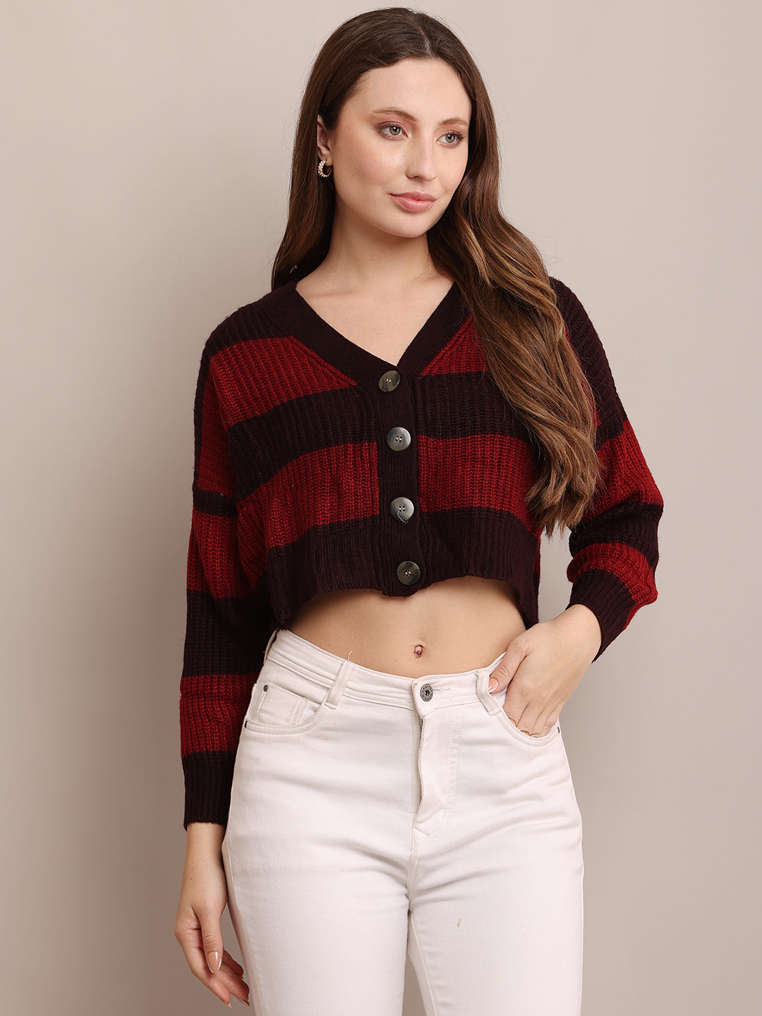 Women Acrylic Cropped Maroon Cardigan