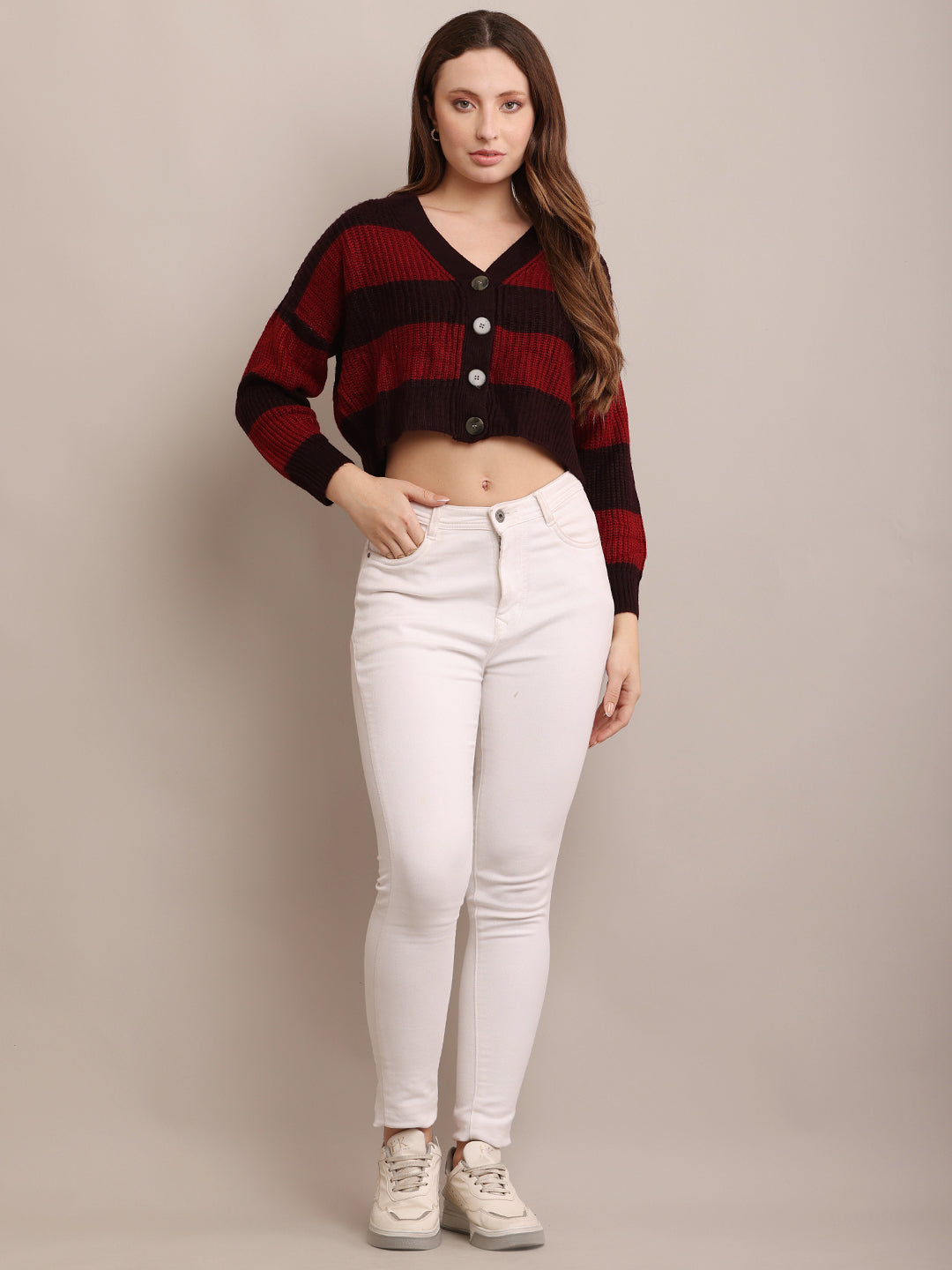 Women Acrylic Cropped Maroon Cardigan