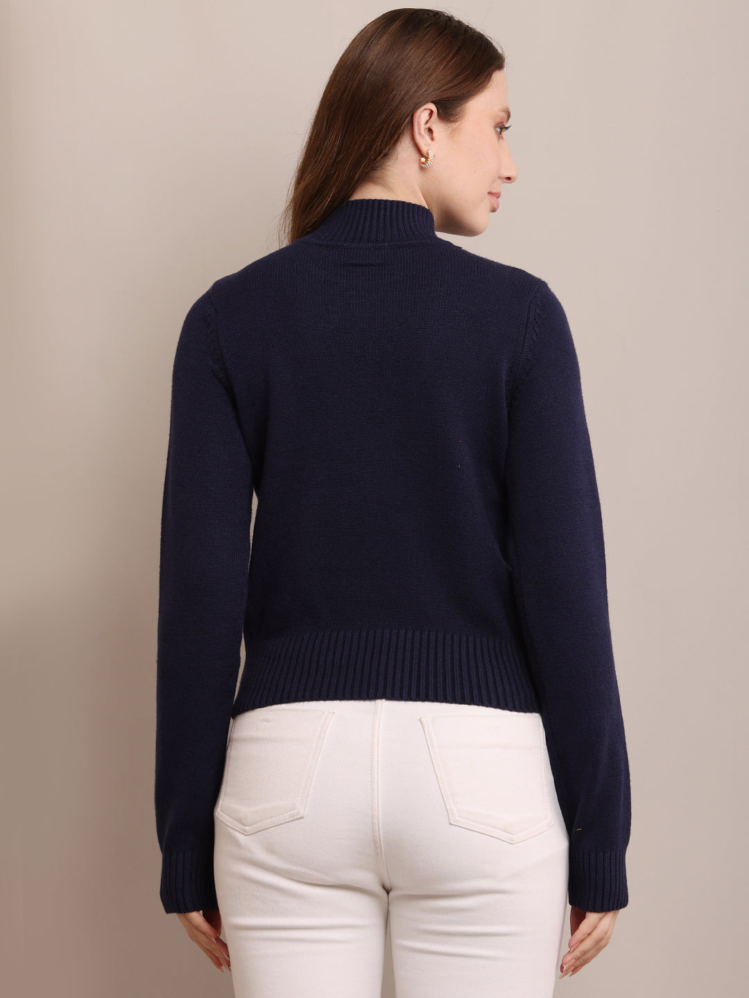 Women Acrylic  Ribbed Dark Blue Sweater