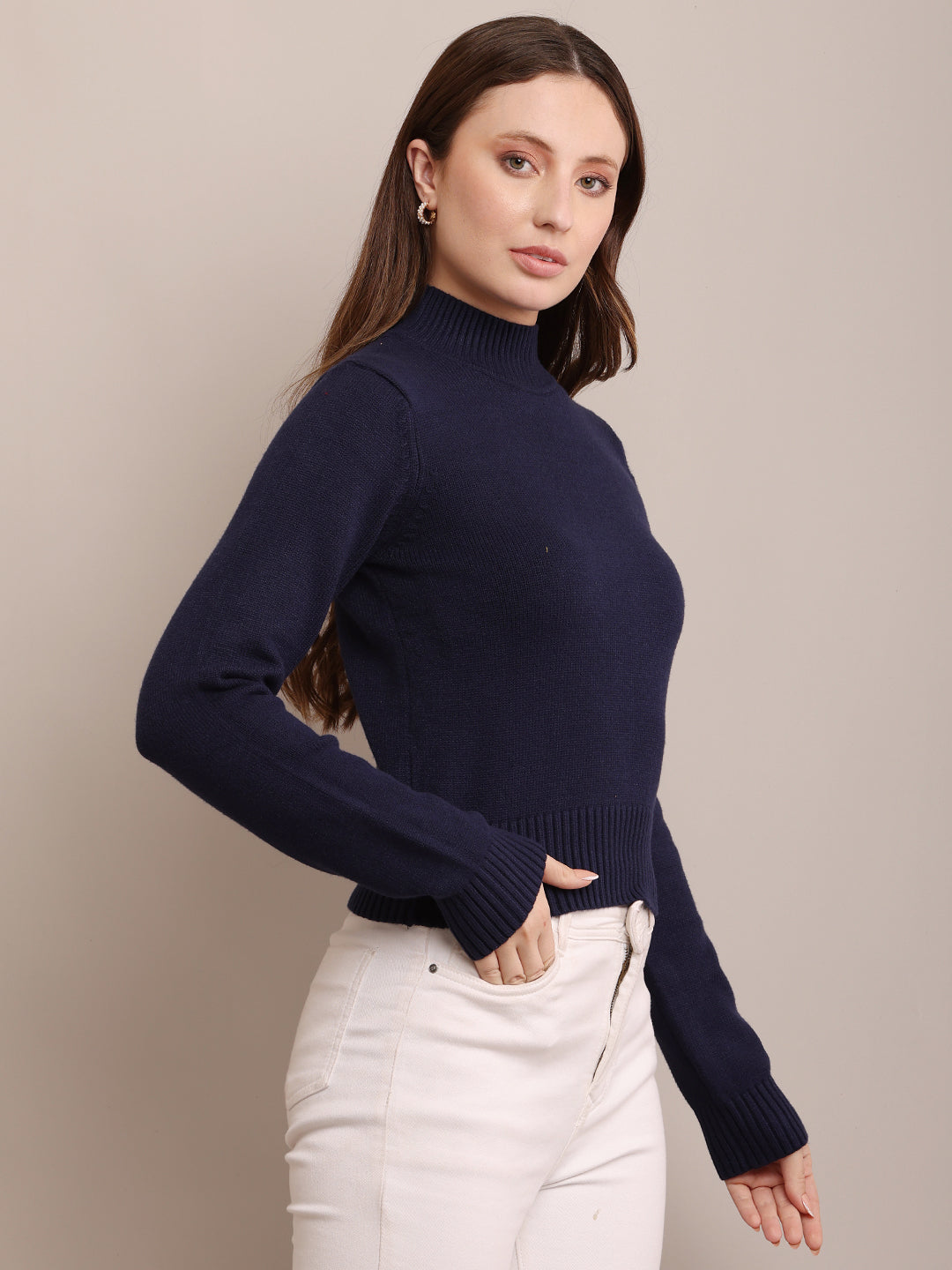 Women Acrylic  Ribbed Dark Blue Sweater