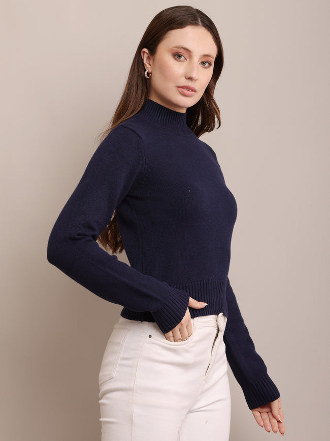 Women Acrylic  Ribbed Dark Blue Sweater