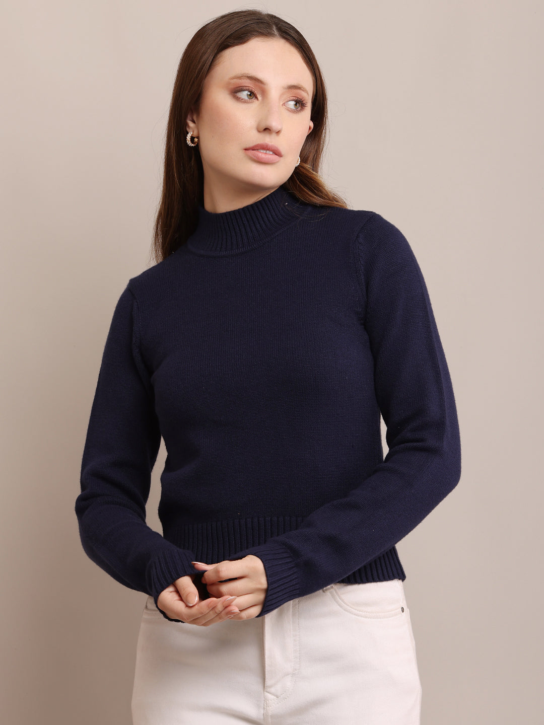 Women Acrylic  Ribbed Dark Blue Sweater