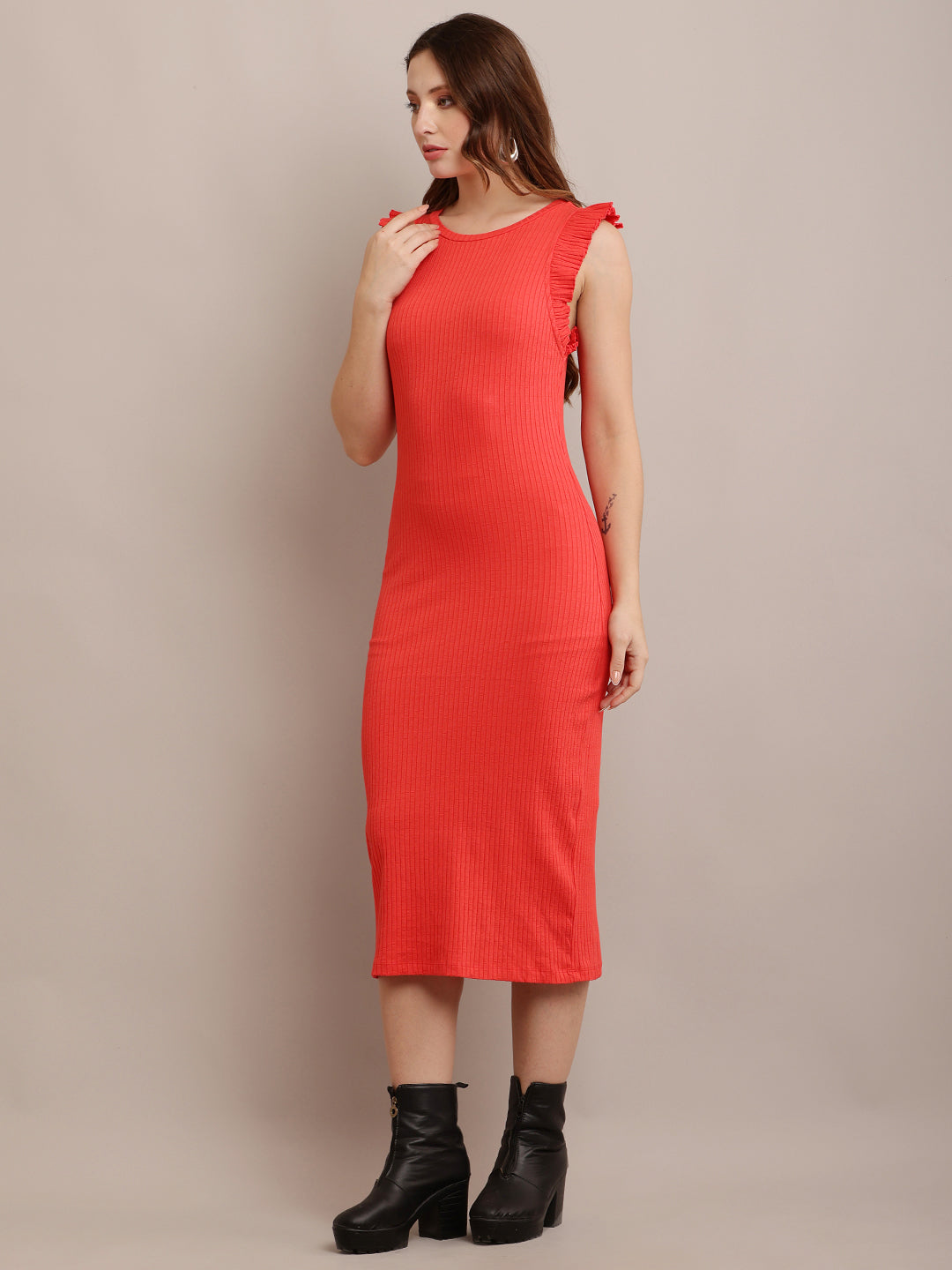 Women Cotton Ribbed Sheath Midi Dress