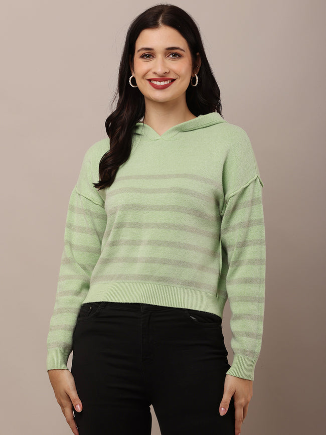 Women Green Striped Sweatshirt 