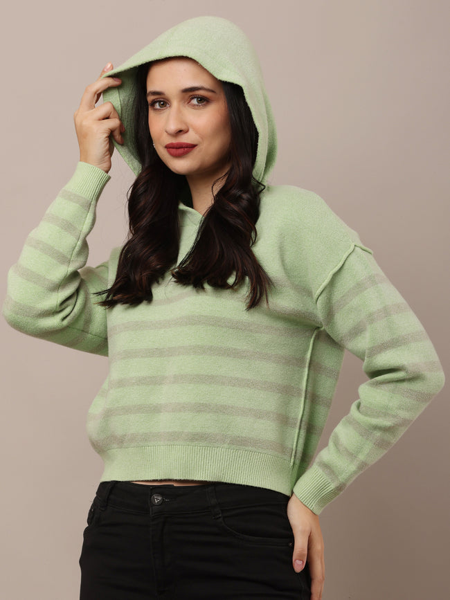 Women Green Striped Sweatshirt