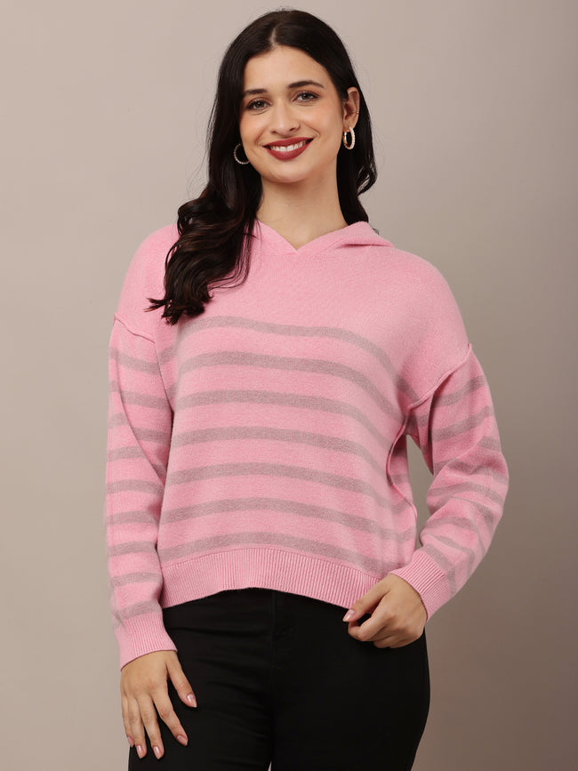 Women Pink Striped Sweatshirt 