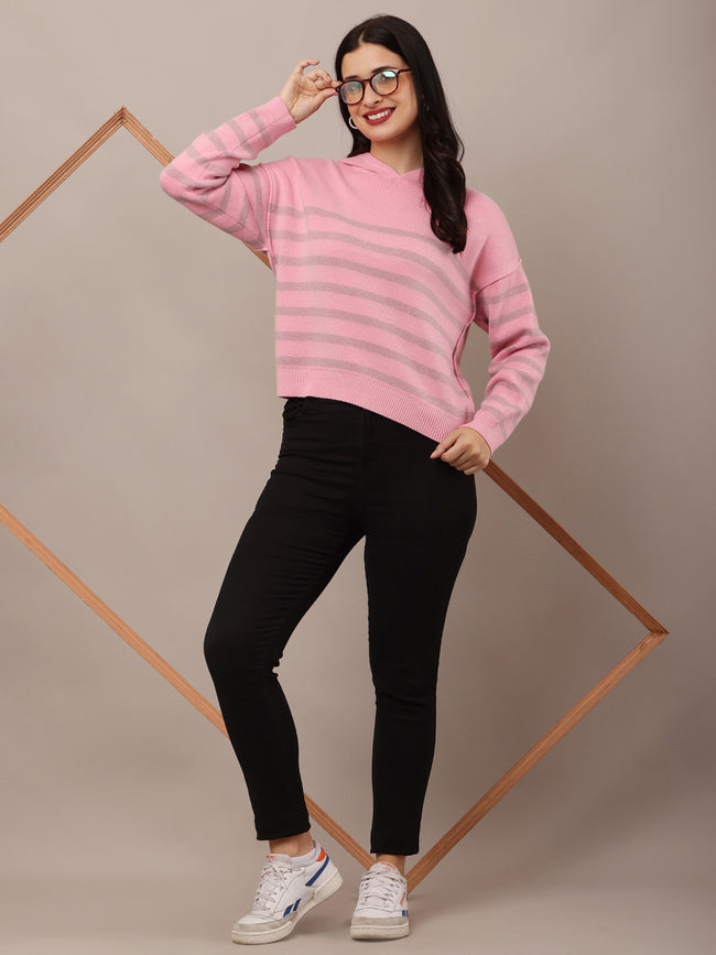 Women Pink Striped Sweatshirt