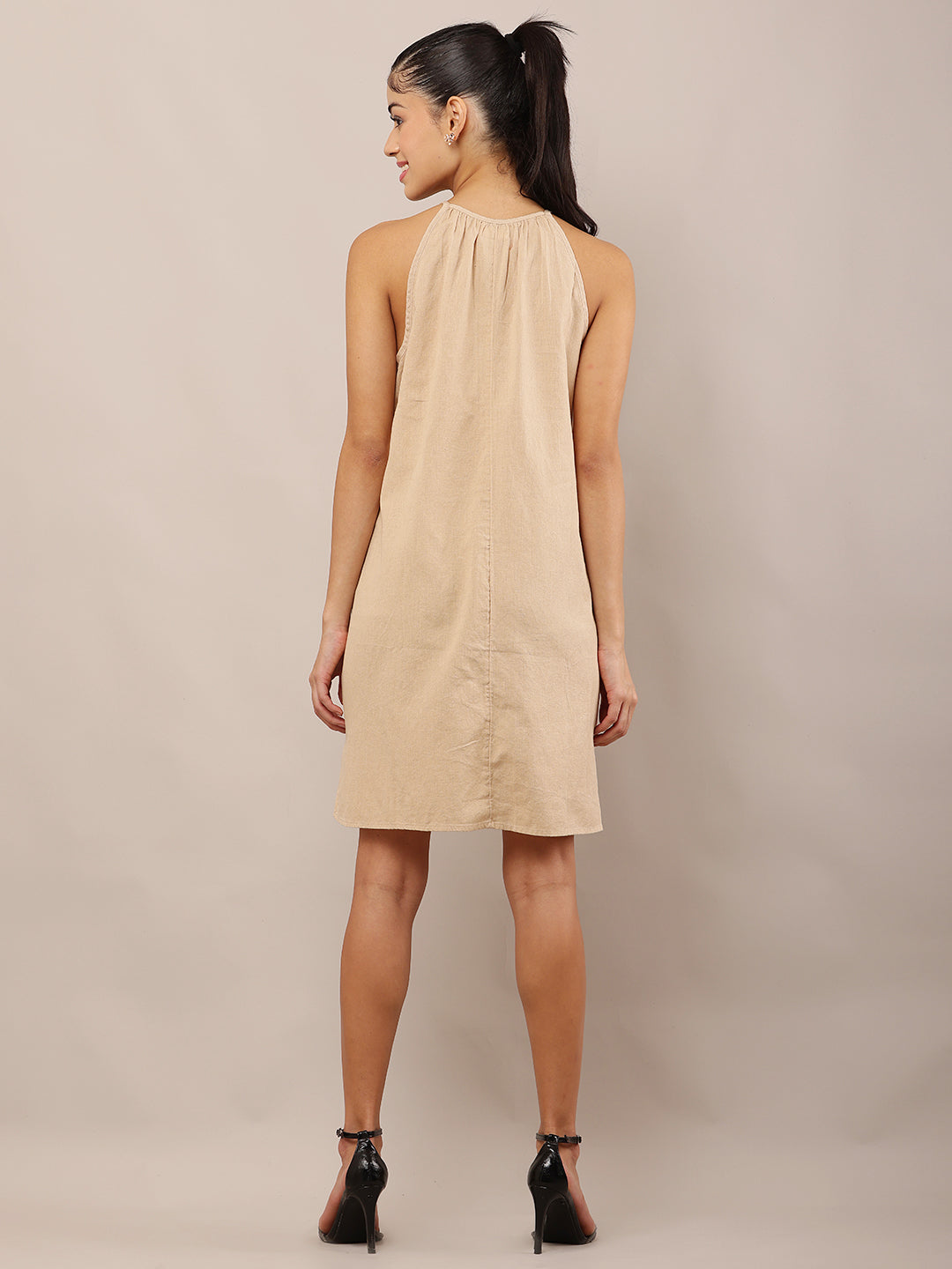 Women Beige Halter Neck Cotton A-Line Dress