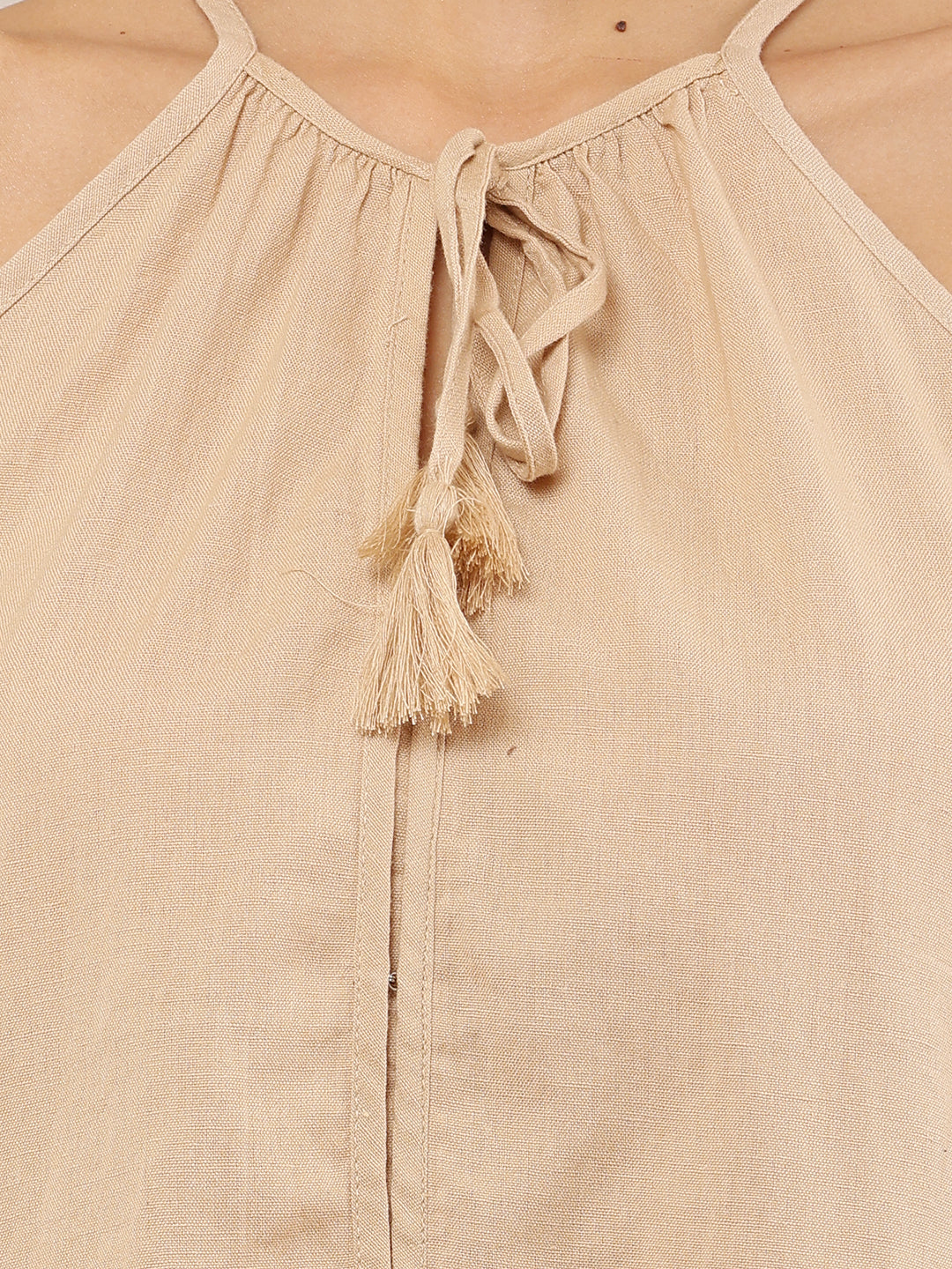 Women Beige Halter Neck Cotton A-Line Dress
