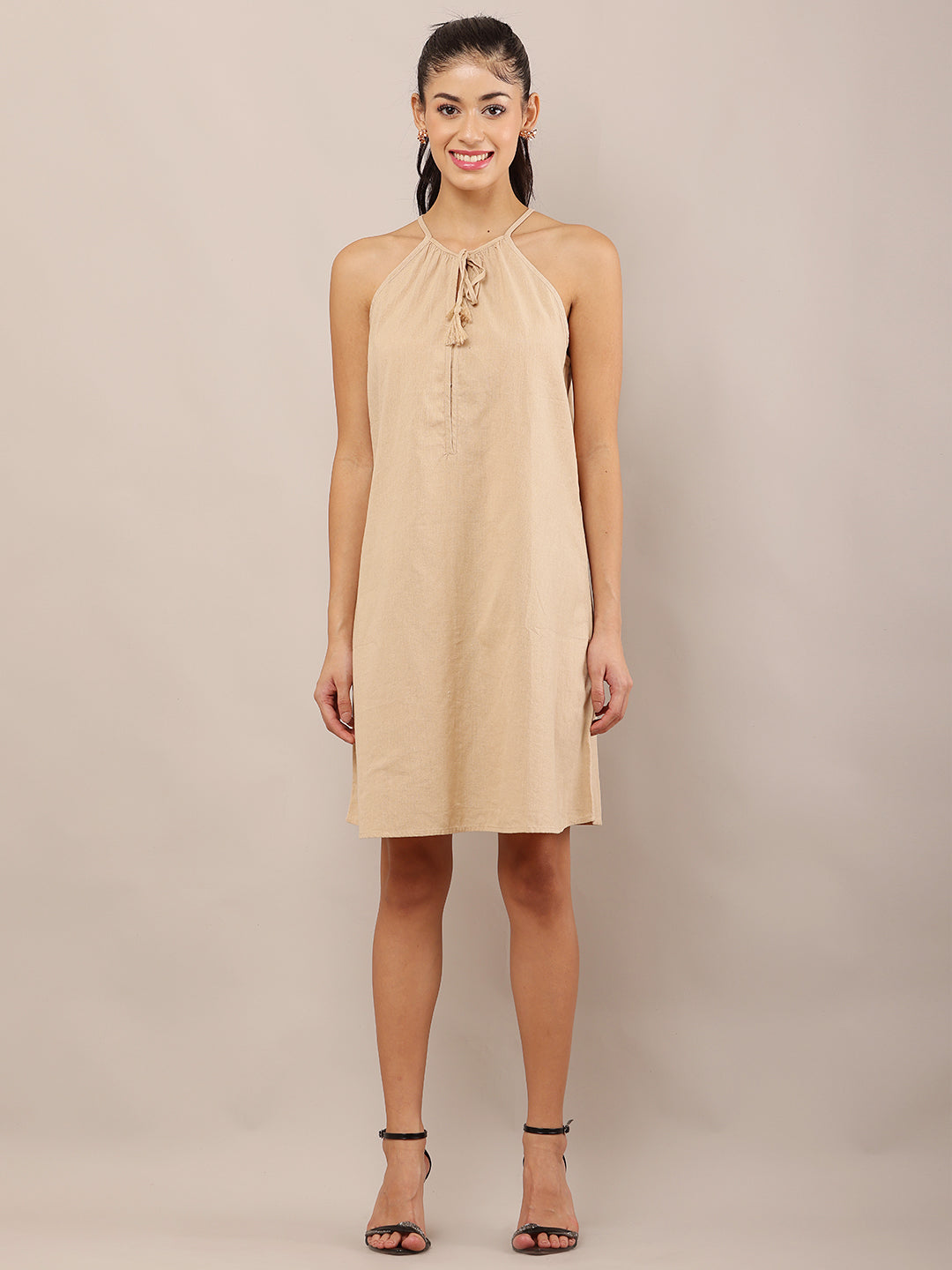 Women Beige Halter Neck Cotton A-Line Dress